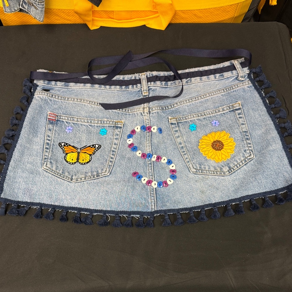Embroidered Denim Apron with Tassels